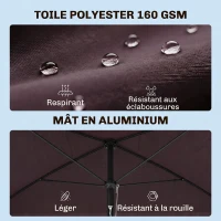 Outsunny Parasol de jardin Parasol droit rectangulaire inclinable alu métal polyester haute densité 2 x 1,3 m chocolat(m-4)