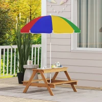 AIYAPLAY Kids Picnic Table, Sand and Water Table with Wooden Benches, Adjustable Parasol and Storage Bins, Multicolour(m-7)