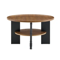 Set de 2 tables basses rondes, rayures et à l'humidité, bords arrondis, 80x80x47 cm, Noyer+Noir(m-10)