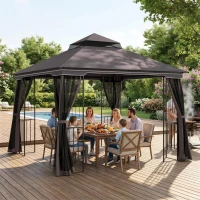 Outsunny Gazebo da Giardino 3x3m con Zanzariera e Tetto a 2 Livelli, Mensole Laterali e Ganci, Caffè(m-8)
