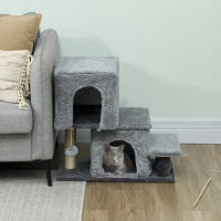PawHut Scaletta per Gatti a 4 Gradini Regolabile in Altezza con 2 Casette, Palo Tiragraffi e Pallina, Grigio(m-10)