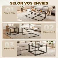 HOMCOM Lot de 2 tables basses gigognes, table de salon avec plateau en verre trempé et structure en métal, noir(m-4)