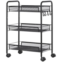 HOMCOM Carrinho de Cozinha em Aço com 3 Cestos e Rodas, Suporta 9 kg, Cozinha, Casa de Banho e Lavandaria 45x26,5x63 cm,  Preto(m-11)
