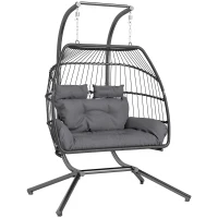 Outsunny Rattan Double Hanging Egg Chair with Stand, Foldable Wicker Swing Egg Chair with Cushion, Head Pillows, Steel Frame, Hammock Chair for Indoor Outdoor, Capacity 260 kg, Dark Grey(m-1)