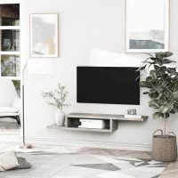 HOMCOM Meuble TV mural flottant suspendu support TV - étagère murale flottante - niche, passe-fils - gris(m-10)
