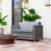 Outsunny Rattan Sofa, 2 Seater Garden Furniture with Soft Padded Cushion and Armrests, Wicker Garden Loveseat for Patio, Mixed Grey(m-11)