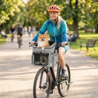 PawHut Panier de Vélo Avant Portable pour Chiens Chats, Laisse de Sécurité, Couvercle Détachable, 33x26x35cm, Gris Clair(m-8)