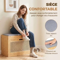 HOMCOM Banc chaussures entrée, banc de rangement en bambou, assise rembourrée, porte en rotin et étagère réglable, bois naturel(m-6)