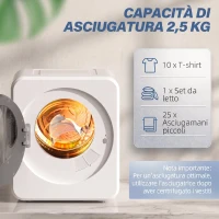 HOMCOM Mini Asciugatrice Portatile 2.5  kg, Display LED, 800W, Carica Frontale, Fino 60℃, Impilabile/Parete/Autoportante, Timer, per Casa, Bianco(m-5)