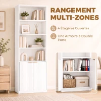 HOMCOM Bibliothèque à 6 Niveaux, Meuble de Rangement, 60 x 24 x 182 cm avec 4 Compartiments Ouverts et 2 Portes, Blanc(m-4)