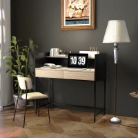 HOMCOM Birou cu 2 sertare și raft superior, din lemn și oțel, 106x51.5x102.5 cm, negru și culoarea stejarului(m-6)