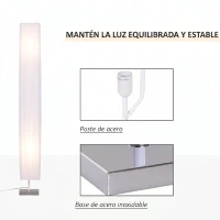 HOMCOM Lámpara de Pie con 2 Casquillos E27 Pantalla de Tela Interruptor de Pedal Base de Acero Inoxidable Blanco(m-5)