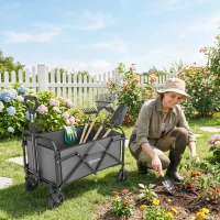 Outsunny Chariot de Jardin Charrette de Transport Pliable Tout-Terrain 66L Charge 68kg Poignée Réglable 81 x 45 x 89 cm Gris(m-11)