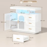 HOMCOM Aparador com LED RGB de 7 Cores, Tomadas, Portas USB, 3 Gavetas, Prateleiras Abertas, 2 Portas, Branco Brilhante, 100x35x80 cm(m-3)
