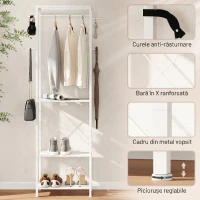 HOMCOM Cuier cu suport pentru pantofi pe 2 niveluri, bară pentru haine, 4 cârlige, raft superior, 52x30x180 cm, alb(m-5)