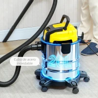 HOMCOM Aspirador en Seco y Húmedo 3 en 1 1200W con Función de Soplador Manguera 2 m Depósito Inoxidable 20L Amarillo(m-5)