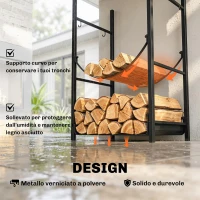 Outsunny Portalegna da Interno ed Esterno Rialzato a 2 Ripiani, Porta Legna da Ardere in Metallo con Supporti Rimovibili, Paletta, Scopa, Attizzatoio e Pinza, Capacità 70 kg, 44.5x29.5x73 cm, Nero(m-6)