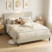HOMCOM Estructura de Cama 160x200 cm con Somier de Madera Acolchada en Efecto Lino y 9 Patas de Acero Beige(m-5)