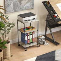 HOMCOM Printerstandaard met 3 niveaus, in hoogte verstelbaar, Mobiele Printertafel op Wielen, voor Thuiswerkplek, Metaal en Hout(m-8)