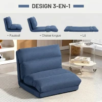 HOMCOM Fauteuil de sol canapé paresseux fauteuil convertible en lit inclinable 90° à 180° tissu - 70 x 72 x 56 cm - bleu foncé(m-4)