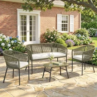 Outsunny Salon de Jardin Extérieur 4 Places Canapé 2 Places 2 Fauteuils et Table Basse Verre Trempé PP Rond Tressé Crème(m-14)