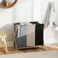HOMCOM Cesto para Ropa Sucia Plegable con 3 Compartimentos Capacidad 129L con Marco de Bambú y Bolsas Extraíbles Multicolor(m-10)