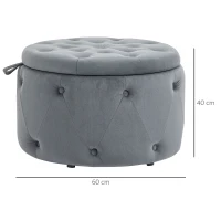 HOMCOM Poef, rond, met opbergruimte, doorgestikt ontwerp met knopen, bekleding in fluwelen uiterlijk, grijs, 60 x 60 x 40 cm(m-3)