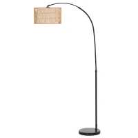 HOMCOM Rattan Floor Lamp for Living Room, Farmhouse Arc Standing Lamp with Dual-Layer Shade & Foot Switch, Height Adjustable Minimalist Tall Pole Lampshade for Bedroom, Office, Black(m-1)