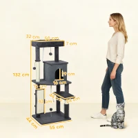 PawHut Arbre pour Chats Multiniveaux Haut 132 cm avec Maisonnette, Lit, Poteaux à Griffer, Brosse et Balle, Gris Foncé(m-3)