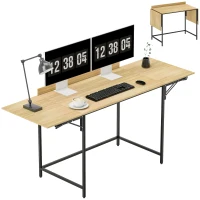 HOMCOM Inklapbare computertafel met 2 uitklapbladen, veel ruimte voor monitoren, metalen poten, stevige constructie, eikenlook + zwart(m-11)