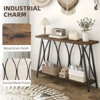 HOMCOM Narrow Console Table, Industrial 2-Tier Sofa Table with Metal Frame for Entryway, Living Room, 120x30x80cm, Rustic Brown(m-5)