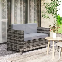 Outsunny Rattan Sofa, 2 Seater Garden Furniture with Soft Padded Cushion and Armrests, Wicker Garden Loveseat for Patio, Mixed Grey(m-9)