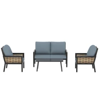 Outsunny 4 Seater Rattan Garden Furniture Set with 2 Armchairs, Loveseat, Coffee Table, Garden Sofa Set with Cushions, Grey(m-11)