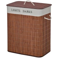 HOMCOM Cesto per Biancheria Bambù da 100L con 2 Scomparti, Coperchio e Maniglie, 52x32x63cm(m-11)