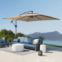 Outsunny Parasol déporté carré 3 x 3 m avec manivelle, base croisée, parasol inclinable et rotation à 360°, toile 180 g/m² kaki(m-9)