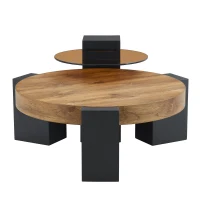 Table basse ronde moderne à 2 niveaux, design démontable et modulable, bords arrondis, 61x61x30 cm, Couleur naturelle(m-2)