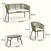 Outsunny Salon de Jardin Extérieur 4 Places Canapé 2 Places 2 Fauteuils et Table Basse Verre Trempé PP Rond Tressé Crème(m-3)