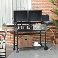 Outsunny Gasgrill BBQ-Grill, inclusief thermometer, warmhoudplaten, 161 x 54 x 103 cm, Zwart + Zilver(m-2)