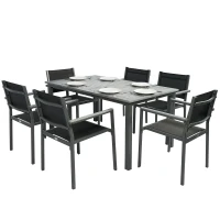 Outsunny Garden Dining Set with Acacia Wood Table Top, Outdoor Table and Stackable Chairs Set for 6 with Texteline Seat, Grey(m-15)