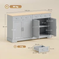 HOMCOM Sideboard Buffet Cabinet, 140 cm Kitchen Storage Cabinet with 4 Drawers, 4 Doors and 2 Adjustable Shelves, Grey(m-3)