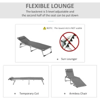 Outsunny Foldable Outdoor Sun Loungers Set of 2, Reclining Lounge Chair Camping Bed Cot with Pillow 4-Level Adjustable Back Aluminium Frame, Grey(m-4)