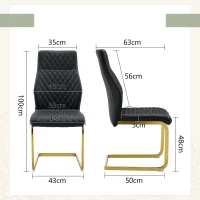 Chaise de salle à manger matelassée motif losange, dossier haut ergonomique, lot de 2, 43x63x100 cm, Noir+Or(m-3)