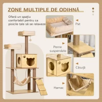 PawHut Arbore pentru Pisici cu Căsuță, 2 Paturi, Hamac și Minge, din Lemn, Poliester și Sisal, 60x40x130 cm(m-4)