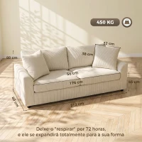 HOMCOM Sofá de 3 Lugares Moderno 212x80x88 cm Sofá Sala de Estar Estofado com 2 Almofadas Apoio de Braços e Estrutura de Aço  Creme(m-3)