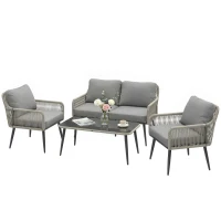 Outsunny Rattan Garden Furniture Set, 4 Piece Outdoor Patio Furniture with Tempered Glass Table and Chairs, Indoor Balcony Conservatory Set(m-15)