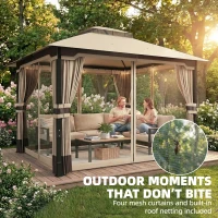 Outsunny 3 x 3.6 m Outdoor Garden Gazebo with Netting and Curtains, Double Roof Patio Gazebo Permanent Pavilion, Khaki(m-7)