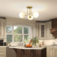 HOMCOM Plafonnier LED 25W, luminaire plafonnier 3 lumières avec douilles G9, abat-jour globe, 42 x 42 x 26,5 cm, doré(m-9)