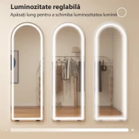 HOMCOM Oglindă de podea arcuită cu lumini, 150x50 cm, de perete și autoportantă, reglabilă, cu funcție de memorie, transparentă(m-5)