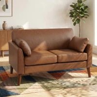 HOMCOM 2 Seater Sofa, 132 cm Modern Small Sofa with Solid Wood Legs and 2 Pillows for Small Space, Brown(m-2)