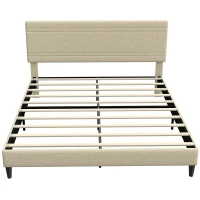 HOMCOM Estructura de Cama 160x200 cm con Somier de Madera Acolchada en Efecto Lino y 9 Patas de Acero Beige(m-1)